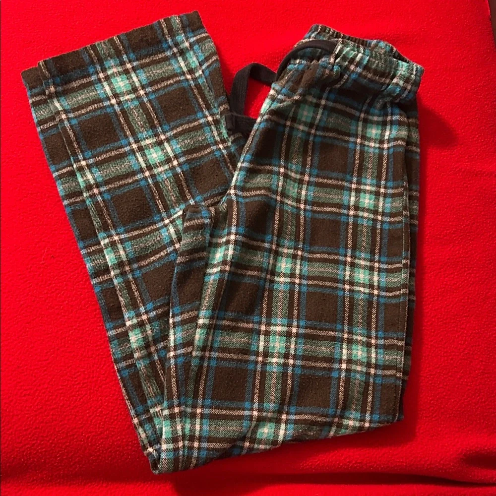 Cozy Kids' Plaid Pajama Bottoms - Brown and Blue. Little girl size large.